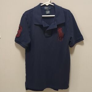 Polo Ralph Lauren Navy Cotton Polo Shirt with Large Maroon Pony - Medium (10-12)